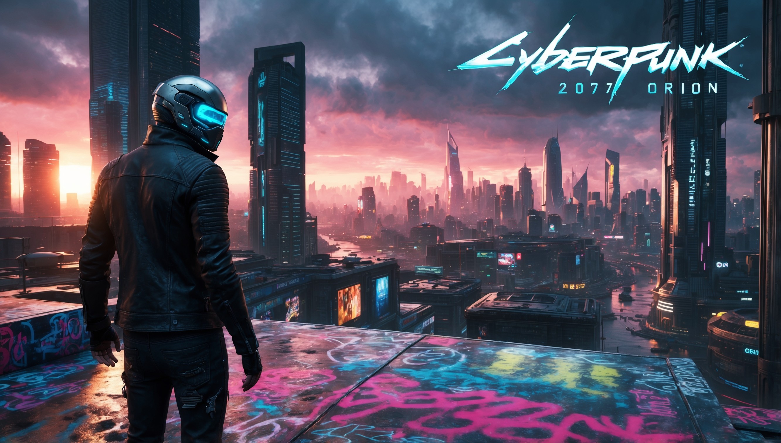 A futuristic cityscape at dusk, with sleek skyscrapers and neon-lit advertisements reflecting off the wet pavement, sets the backdrop for a dramatic scene from Cyberpunk 2077: Project Orion, a highly anticipated video game. In the foreground, a lone, mysterious figure, clad in a black leather jacket and ripped jeans, stands atop a graffiti-covered rooftop, gazing out over the city's sprawling metropolis. The figure's facial features are obscured by a high-tech, silver-tinted helmet with a tinted visor, emitting a soft blue glow. The city's vibrant colors - hot pinks, electric blues, and sunshine yellows - contrast with the dark, gritty atmosphere, blending seamlessly with the game's signature cyberpunk aesthetic. The image is framed by towering skyscrapers, with the game's logo, 