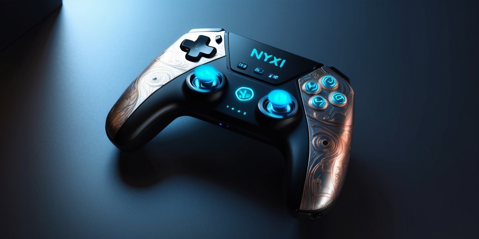 A futuristic and sleek NYXI Wizard controller rests on a dark, gradient-blue background, with subtle shadows accentuating its contours. The controller's body is a matte black finish with a metallic sheen, adorned with intricate, swirling patterns of silver and copper that evoke a sense of mysticism. The buttons and joysticks are a vibrant, electric blue, with a subtle glow emanating from the center, as if charged with magical energy. The NYXI logo, embossed on the top in a bold, futuristic font, shimmers with a faint, icy blue light. The overall design exudes a sense of innovative technology merged with ancient mysticism, inviting the user to wield its magical powers.