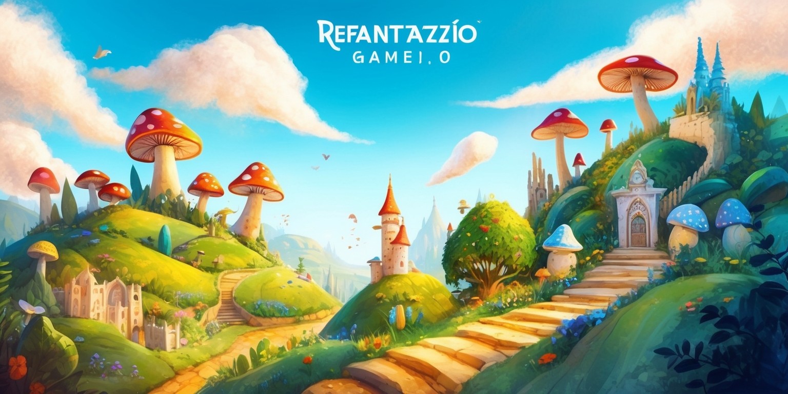 A vibrant, dreamlike illustration of a fantastical world inspired by the ReFantazio game, with rolling hills, towering mushrooms, and wispy clouds set against a bright blue sky with a few puffy white clouds, evoking a sense of wonder and magic, incorporating whimsical architectural elements and lush greenery, with a subtle sense of nostalgia and adventure, as if stepping into a beloved childhood tale, with soft, blended brushstrokes and delicate textures, reminiscent of a watercolor painting, inviting the viewer to explore the fantastical realm, with a warm, golden light illuminating the scene, hinting at hidden secrets and surprises waiting to be uncovered.