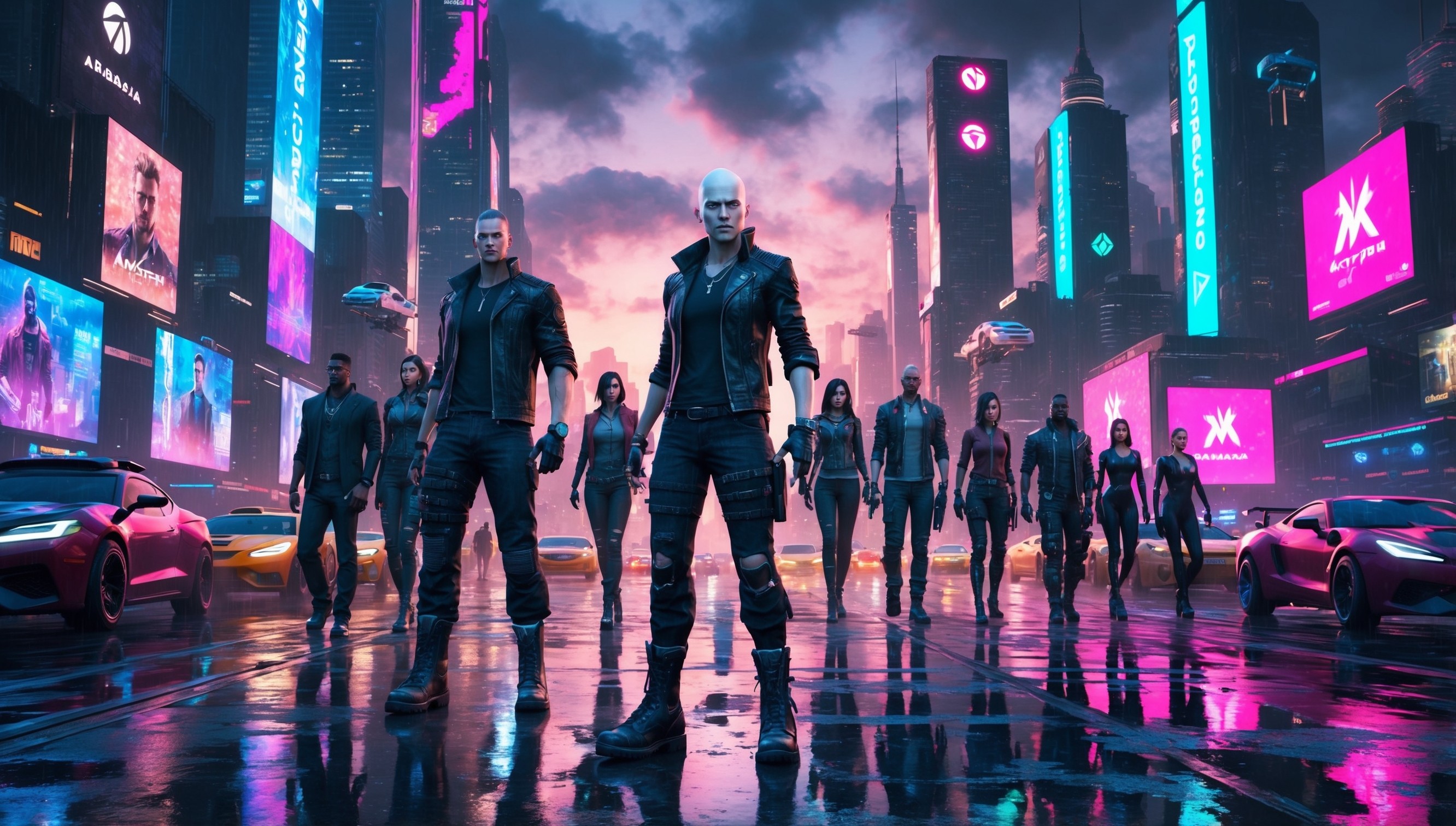 A futuristic cityscape at dusk, with towering skyscrapers and neon-lit billboards reflecting off the wet pavement, serving as the backdrop for a group of characters central to the Project Orion game from the Cyberpunk 2077 universe, with the main protagonist, a cybernetically enhanced mercenary, standing prominently, dressed in a black leather jacket, ripped jeans, and heavy combat boots, with a determined expression on their pale-skinned face, marked by sharp facial features and piercing blue eyes, as they gaze out upon the city, flanked by a diverse group of allies, each with their own unique style and cybernetic enhancements, amidst a sea of holographic advertisements and flying cars zipping by, with the city's underground clubs and gangs lurking in the shadows, and the omnipresent megacorporations' logos, such as the Militech and Arasaka, emblazoned on towering skyscrapers, in a rich, vibrant color palette that blends deep blues and purples with neon pinks and greens, evoking a sense of high-tech grit and rebellion.