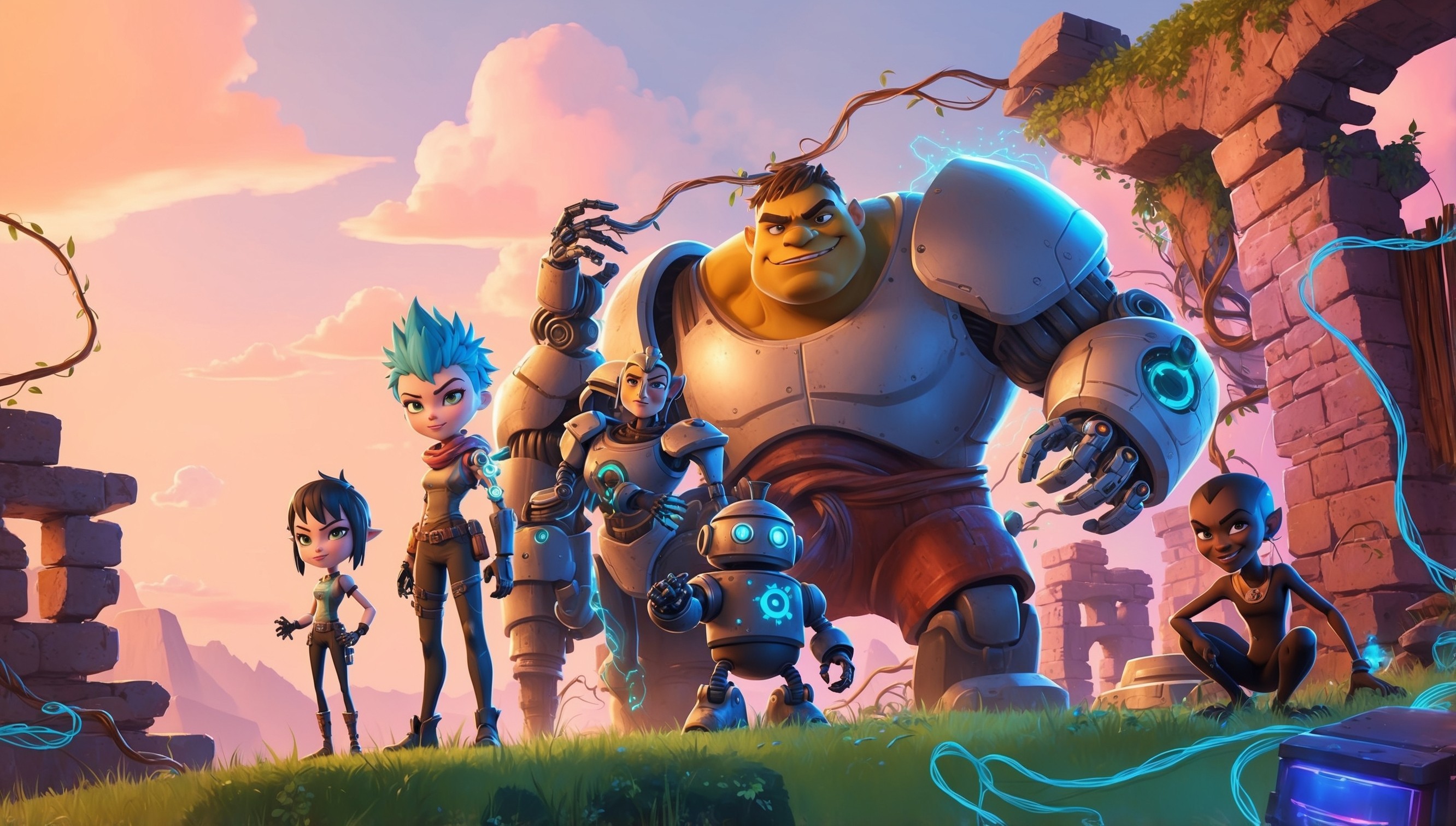 A vibrant, whimsical illustration of a fantastical game scene inspired by Project Ragtag, with a mix of futuristic and medieval elements, set against a warm, sunset orange and pink sky with fluffy white clouds, featuring a diverse group of characters, including a female protagonist with short, spiky blue hair, piercing green eyes, and a cybernetic arm, standing alongside a hulking, four-armed robot with a gentle expression, and a slender, agile figure with dark skin and a mischievous grin, amidst a backdrop of ancient ruins, crumbling stone walls, and twisted, glowing vines, with hints of neon lights and wires, and a subtle, gradient blue glow emanating from the characters, with bold, dynamic lines, and textures reminiscent of digital art, and a sense of movement and energy.