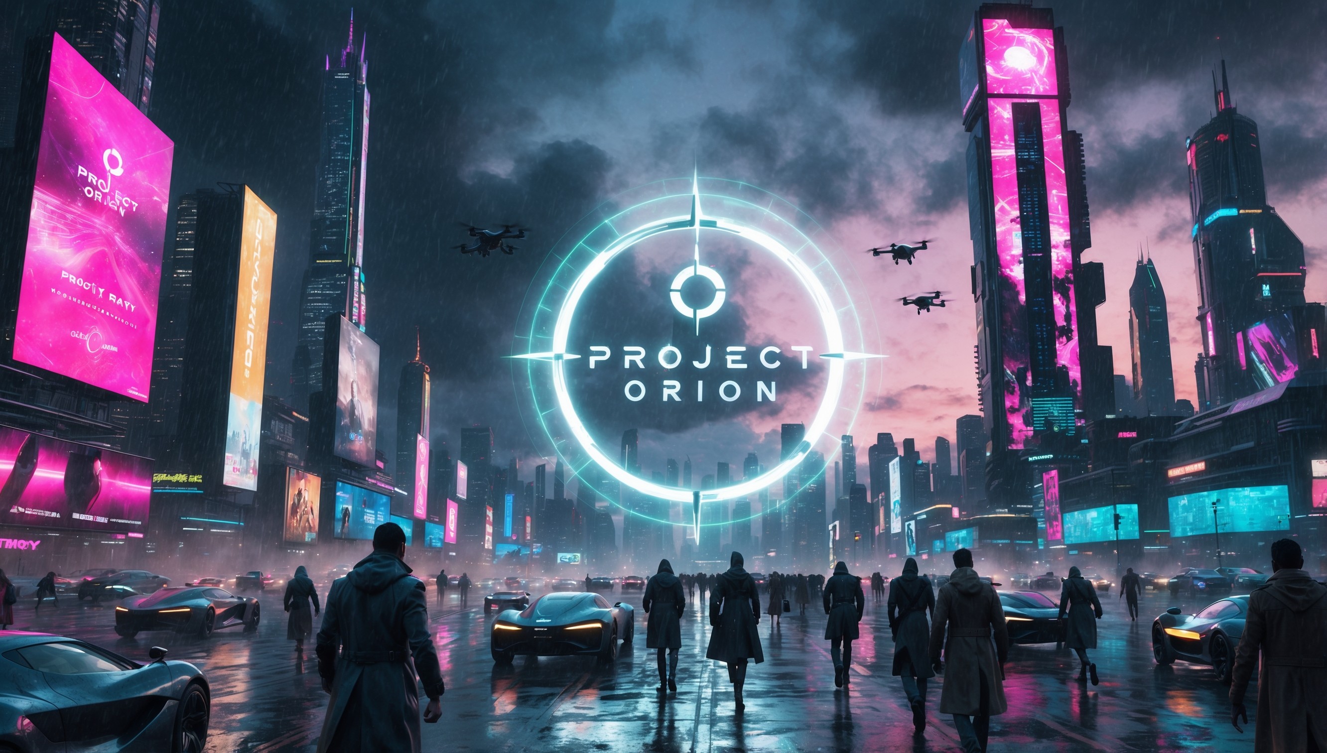 A futuristic cityscape at dusk, with towering neon-lit skyscrapers and sprawling advertisements in vibrant shades of pink, blue, and green, set against a dark, smog-filled sky, as the backdrop for a massive, holographic display projecting the logo of 