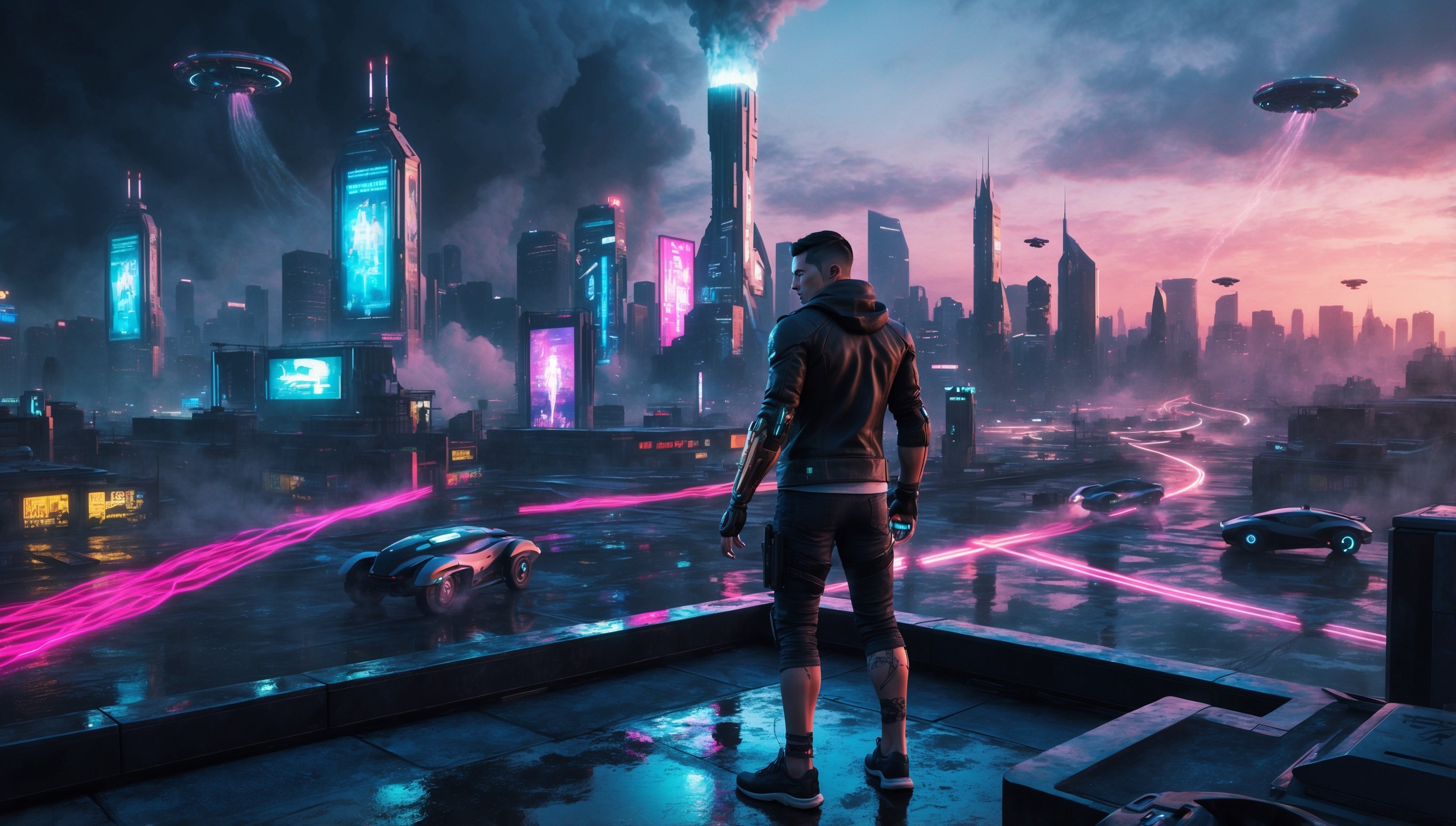 A futuristic cityscape at dusk, set in the Cyberpunk 2077 universe, with Project Orion's neon-lit skyscrapers and holographic advertisements piercing through the smoky atmosphere, reflected in the wet pavement. In the foreground, a lone figure, perhaps the protagonist, stands atop a rooftop, gazing out at the sprawling metropolis, clad in a sleek black leather jacket, ripped jeans, and athletic wear, with cybernetic enhancements visible on their arms and legs. Their determined expression, with piercing blue eyes and sharp jawline, is illuminated by the faint glow of a cigarette. The city's skyline is dominated by the ominous silhouette of the corporate tower, its peak shrouded in a halo of light, as a swarm of drones and hovercars zip past, leaving trails of light in their wake. The color palette is a vibrant mix of electric blues, hot pinks, and neon greens, contrasted with the dark, gritty tones of the urban landscape.