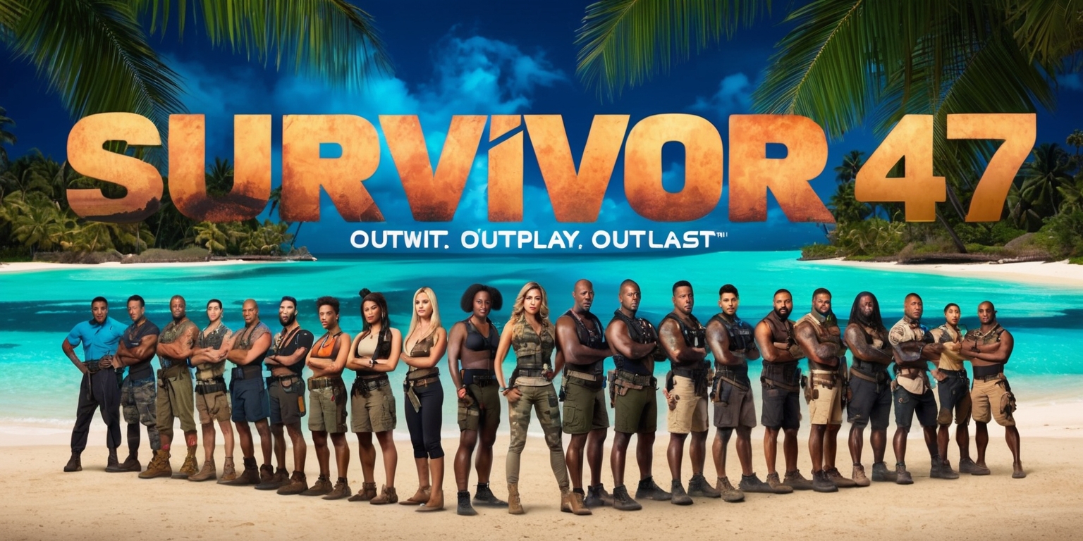 A promotional poster for the 47th season of the popular reality TV show Survivor featuring a dramatic and vibrant color scheme with a mix of earthy tones and bold accents, set against a stunning tropical island backdrop with swaying palm trees, sandy beaches, and crystal-clear turquoise waters. The central focus is on a group of diverse contestants, 6-8 people, standing together in a staggered formation, with a mix of determined and nervous expressions on their faces, showcasing different skin tones, hairstyles, and accessories. The contestants are dressed in functional and stylish clothing suitable for the outdoor challenges, with a few subtle hints of their individual personalities. The title Survivor 47 is emblazoned across the top of the poster in bold, golden font with a subtle gradient effect, while the tagline Outwit, Outplay, Outlast is written in smaller text at the bottom in a curved line, following the shape of the island's coastline.