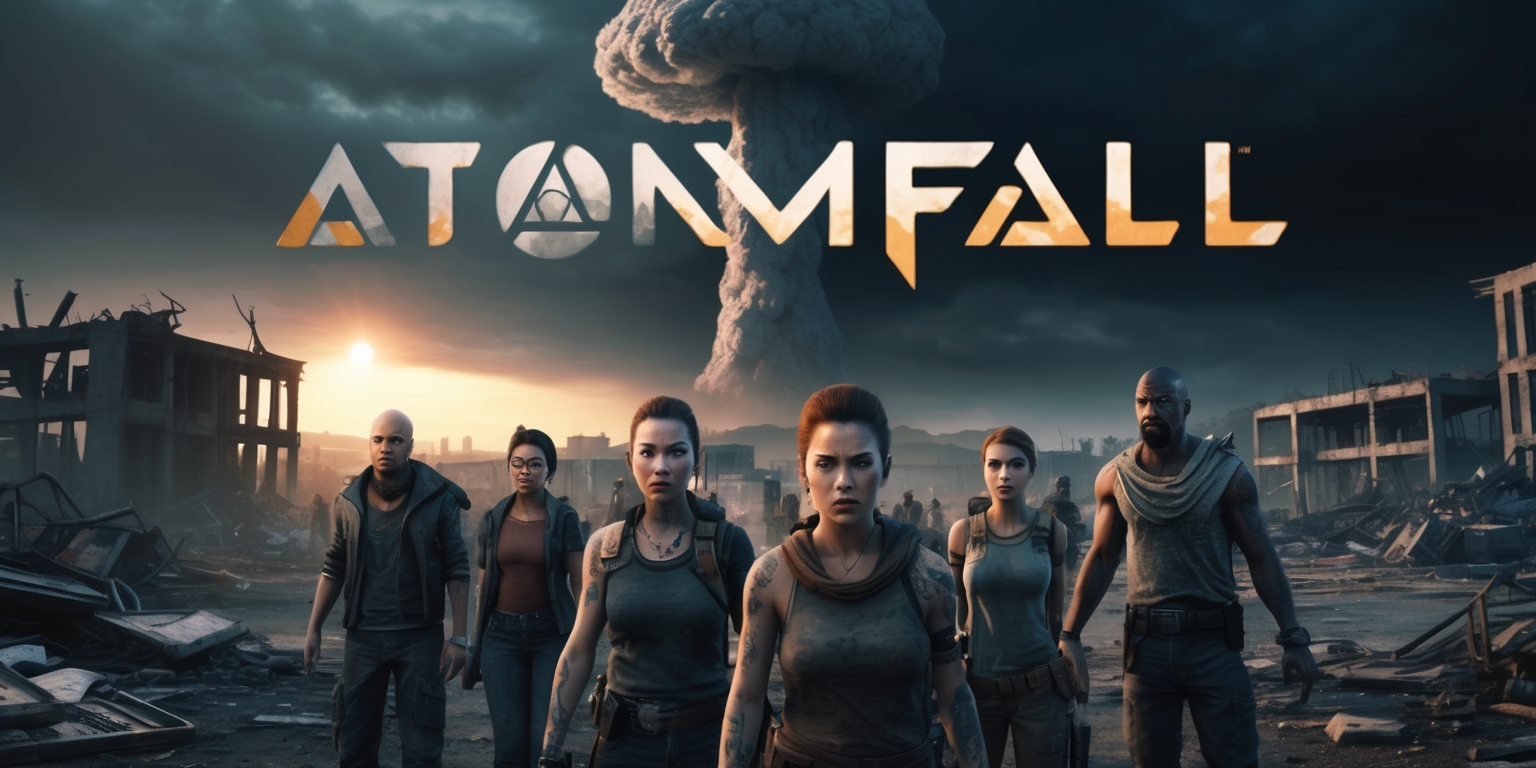 A futuristic apocalyptic scene from the Atomfall game, set in a desolate wasteland with ruined buildings and debris scattered everywhere, featuring a group of survivors in the foreground, with determined facial expressions, varying skin colors, and unique attributes such as scars, tattoos, and worn-out clothing, surrounded by a eerie atmosphere, with a gloomy grayish-blue color palette, and a hint of oranges and yellows from the-setting sun, in the background a massive mushroom cloud rises high into the darkening sky, with the game's logo prominently displayed in bold, metallic letters, in a stylized font, with a mix of sharp edges and smooth curves, illuminated by a faint glow, and subtle texture effects to give it a sense of depth and realism.