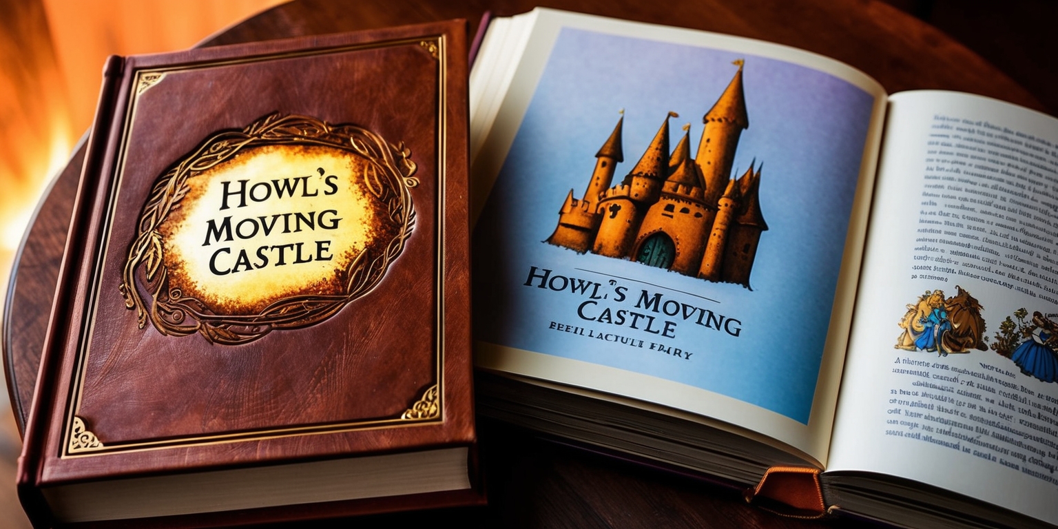 A beautifully crafted deluxe hardcover book with a intricately designed cover featuring an illustration of Howl's Moving Castle, the cover art is rendered in warm golden colors with subtle textures, the title Howl's Moving Castle is embossed in bold serif font with a soft sheen, the background of the cover is a soft blue-purple hue reminiscent of a misty sky, the overall design exudes a sense of whimsy and fantasy, the book's spine is bound in a rich brown leather, adorned with subtle decorative filigree, the pages within are filled with vibrant illustrations and elegant typography, the book lies open on a wooden table, with a few pages turned down, as if the reader has just stepped away, the atmosphere is one of cozy intimacy, with soft warm lighting spilling across the scene.