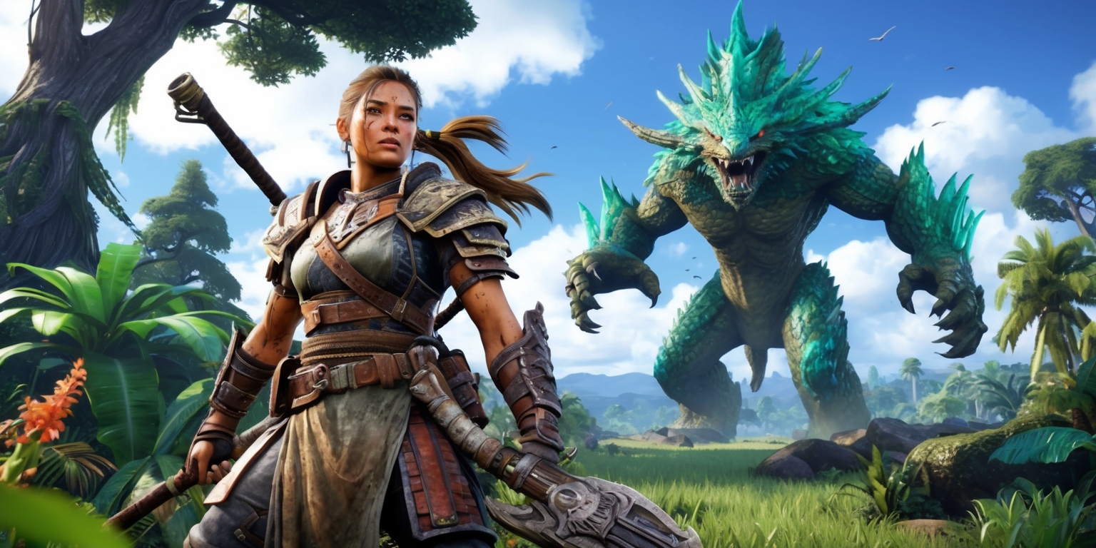 A dynamic scene from Monster Hunter Wilds game, featuring a brave hunter standing tall with intricate armor and weaponry, set against a lush, vibrant forest landscape with towering trees, exotic flora, and a vast, open sky, the hunter's facial features determined and focused, skin glistening with a mix of sweat and dirt, hair tied back in a ponytail, with a colossal monster looming in the background, its scales glistening in shades of emerald green and sapphire blue, the atmosphere filled with anticipation and tension, the style reminiscent of a fantasy adventure, with bold lines, vivid colors, and meticulous details, the layout framing the hunter and monster in a intense, action-packed pose.