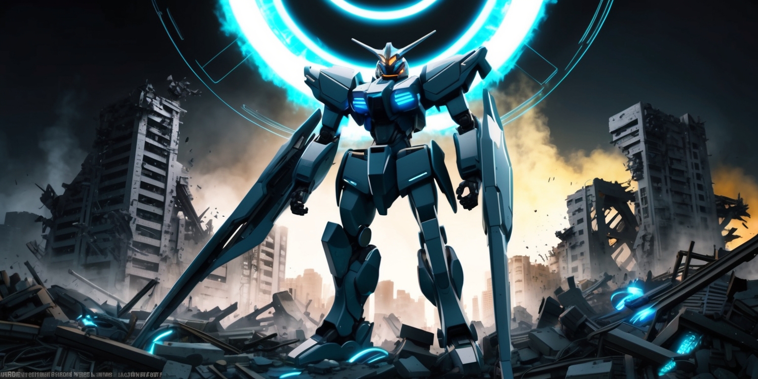 A futuristic, high-tech illustration of a fictional video game scene from Mecha Break, depicting a sleek, metallic robot standing amidst a destroyed cityscape, with crumbling buildings and debris scattered around it, surrounded by a halo of bluish-white light emanating from its body, with glowing blue circuits and wires visible beneath its armored plating, set against a dark, smoky background with hints of orange and yellow hues, conveyed in a vibrant, dynamic, and futuristic anime-inspired style, with bold lines, sharp angles, and intricate details, focusing on the mecha's powerful, majestic presence, with a sense of intensity and action.