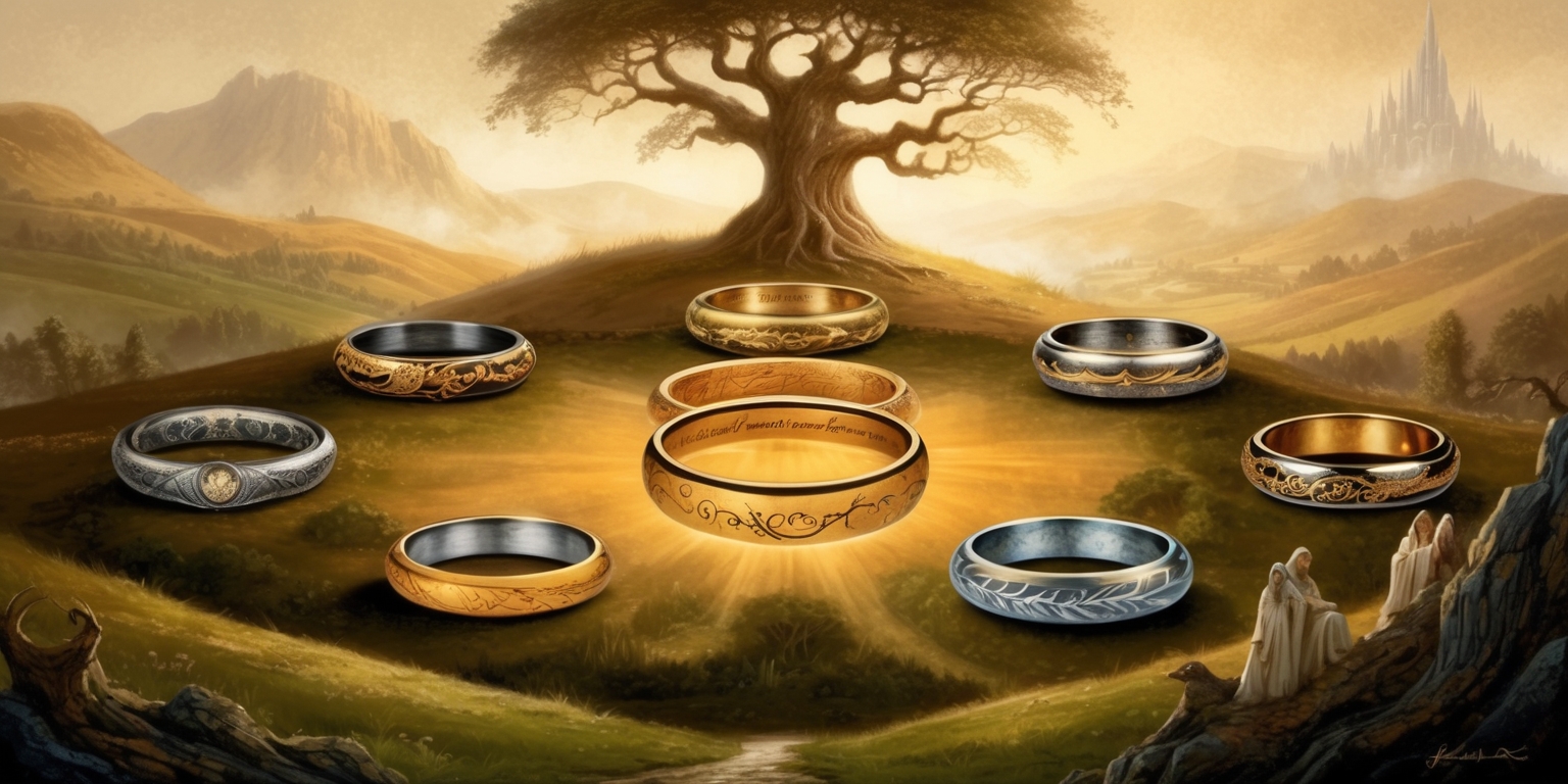 A majestic, high-fantasy landscape unfolding in the foreground, with the One Ring prominently displayed at the center, surrounded by the nine Rings of Men, the seven Rings of the Dwarves, and the three Rings of the Elves, each with intricate, ornate designs and subtle glow, set against a warm, misty backdrop of Middle-earth's rolling hills and mystical forests, with the silhouette of a grand, ancient tree looming in the distance, evoking a sense of epic adventure and ancient wisdom, in a style reminiscent of classical, hand-painted illustrations, with bold brushstrokes, rich earthy tones, and subtle golden accents, capturing the essence of J.R.R. Tolkien's legendary world.