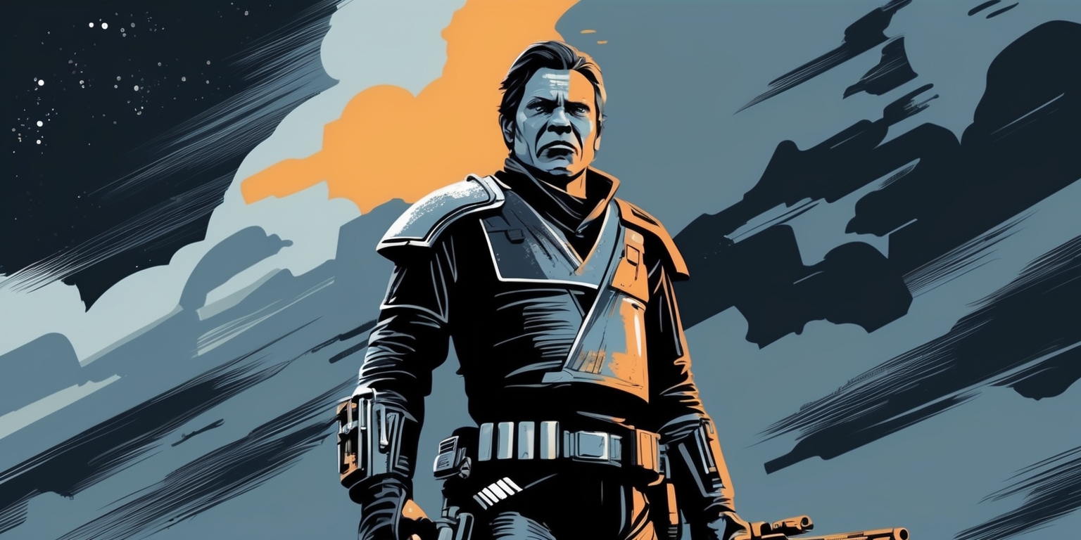 A gritty, high-contrast illustration of a futuristic, high-tech outlaw from the Star Wars universe, set against a dark, starry night sky with nebulae-inspired clouds, evoking a sense of rebellion and lawlessness. The outlaw, possibly a human or humanoid alien, wears tattered, worn leather armor with metallic accents, and a pair of blasters holstered at their hips, with a confident, determined expression on their weathered face. The colors are muted, with shades of dark blue, grey, and black dominating the palette, accented with bright, fiery oranges and yellows from the outlaw's blasters and surroundings. The image is rendered in a stylized, digital art style with bold lines and vibrant textures, with a focus on capturing the essence of the Star Wars universe's gritty, rebellious outlaws.