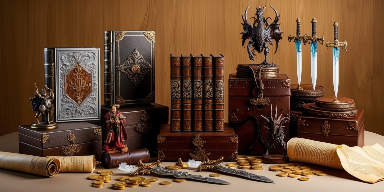 A beautifully arranged table display of a comprehensive RPG game collectible set, featuring a mix of intricately designed figurines, ornate cases, and leather-bound tomes, all set against a warm, earthy-toned woodgrain background, with soft, golden lighting subtly highlighting the textures and details of the various items, including a regal, silver-edged tome with gilded lettering, a series of ornate, crystal-tipped daggers, and a scattering of gold coins, with a few, carefully placed parchments and scrolls adding a touch of antiquity to the overall composition, all arranged to evoke a sense of nostalgia and wonder.