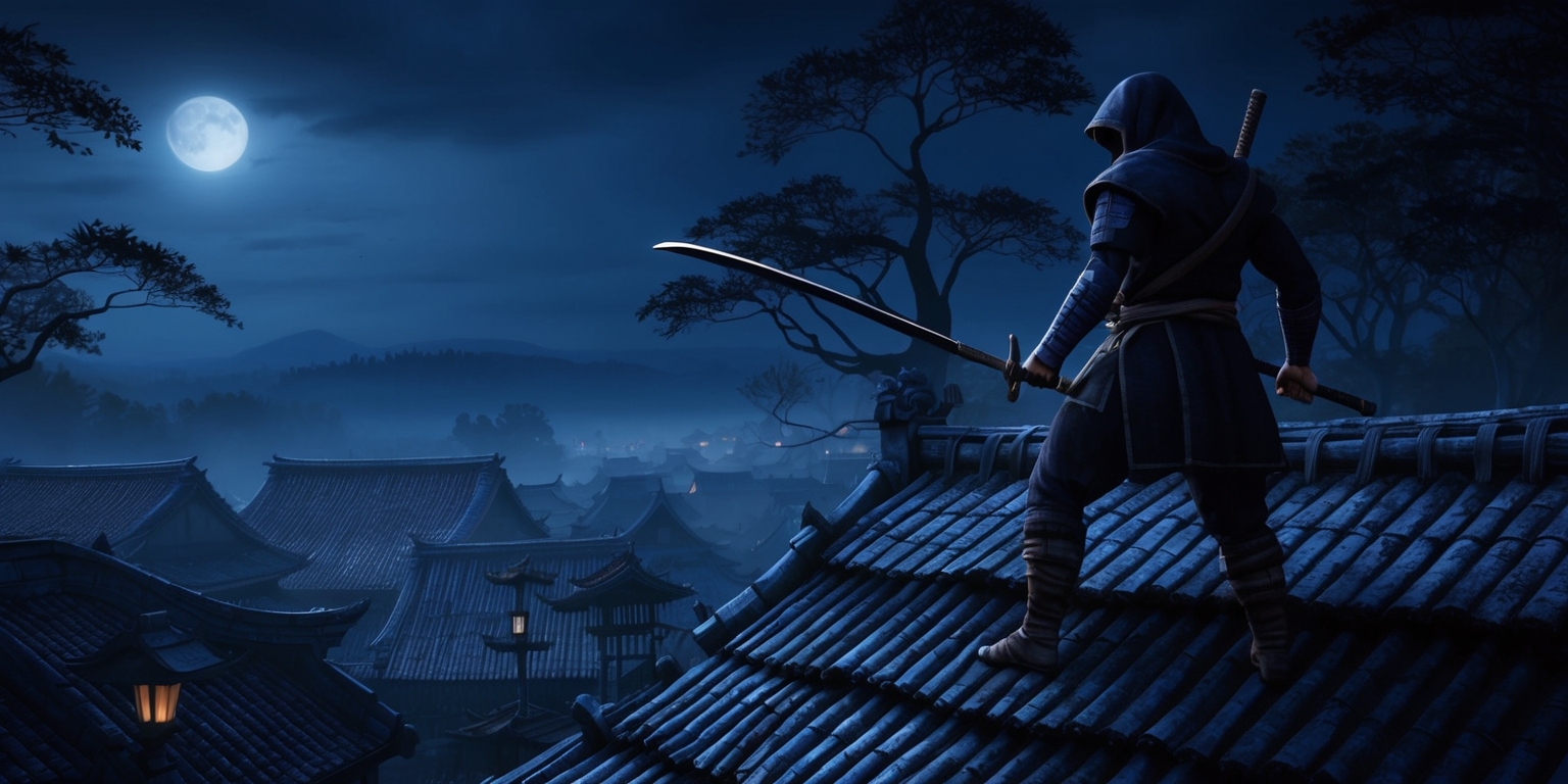 A moonlit, misty night in feudal Japan, a lone ninja stands atop a thatched roof, gazing over the tile rooftops of a serene village, with Japanese maple trees silhouetted against a dark blue-purple sky, illuminated only by the soft glow of paper lanterns and the faint moon; the ninja, clad in dark, worn armor and a hood, with a subtle, determined expression, grasping a katana with a worn, wooden grip, surrounded by an aura of mystery and stealth, as the wind whispers through the trees, and the village slumbers, unaware of the danger lurking above; in the distance, the faint outline of a majestic, snow-capped mountain range rises, a testament to the land's rugged beauty.